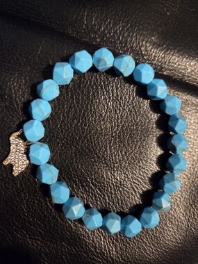 Faceted Blue Synthetic Turquoise Bead Stretch Bracelet Pave Elephant Charm
